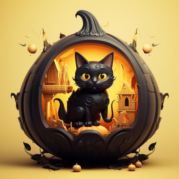 Schwarze Katze sitzt in einem Halloween-Kürbis