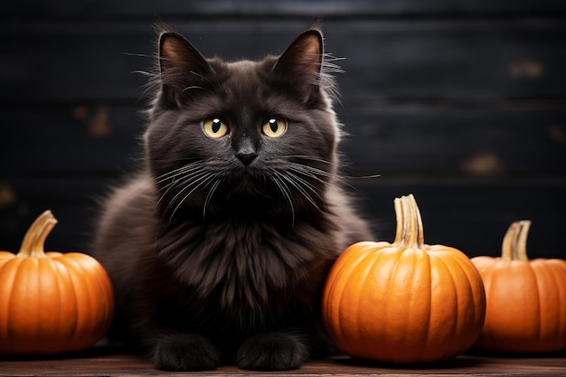 Schwarze Katze und Kürbisse auf Holzwandhintergrund