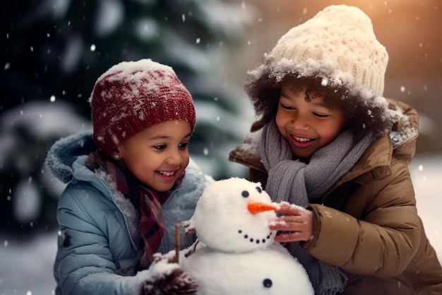 Schwarze Kinder, ein glückliches Mädchen und ein Junge, die einen Schneemann machen.