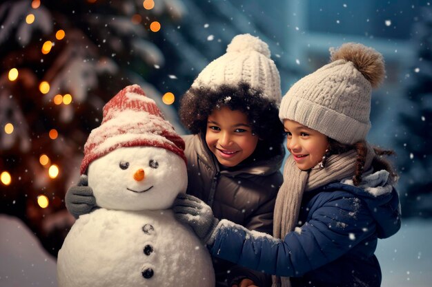 Schwarze Kinder, ein glückliches Mädchen und ein Junge, die einen Schneemann machen.