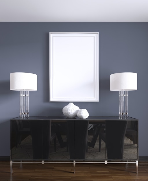Schwarze Kommode mit Tischlampen und einem Bild in einem weißen Rahmen. 3D-Rendering.