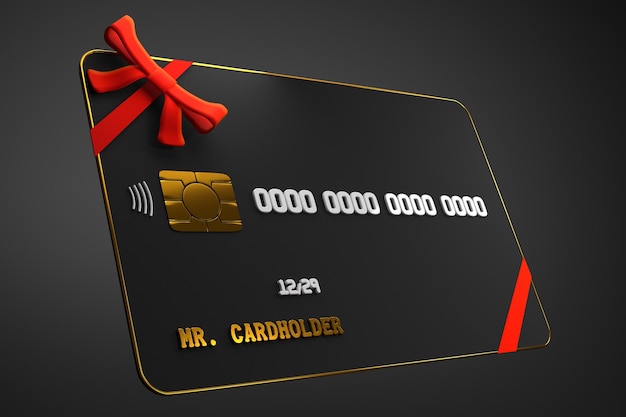schwarze Kreditkarte mit rotem Band. Premium-, Luxus-, Platin-VIP-Geschenkkonzept. 3D-Rendering