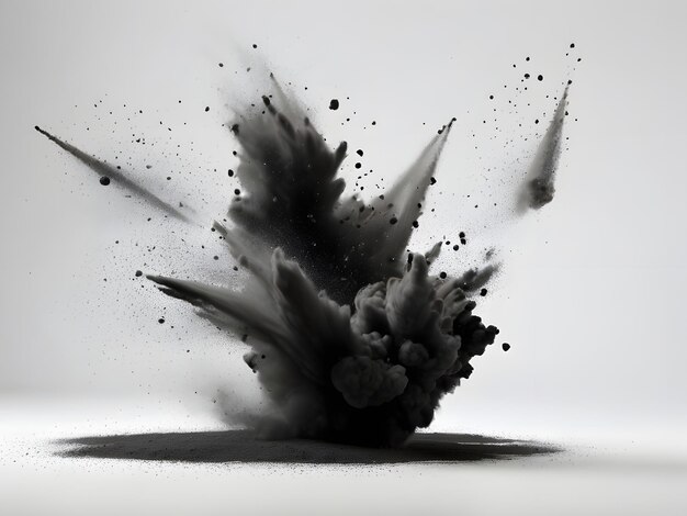 Schwarze Kreideteile und fliegendes Pulver Explosionseffekt isoliert auf weiß