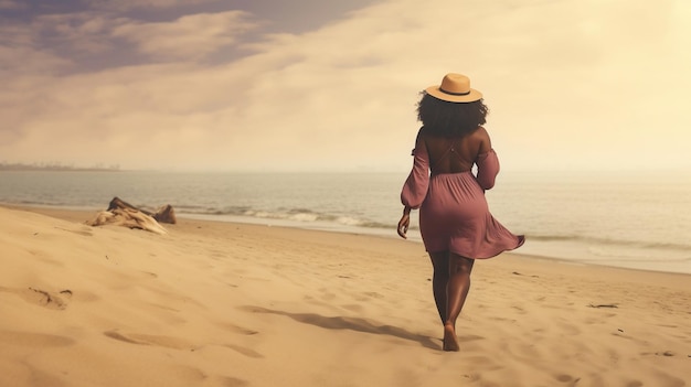 Schwarze kurvige Frau, die am Strand spazieren geht