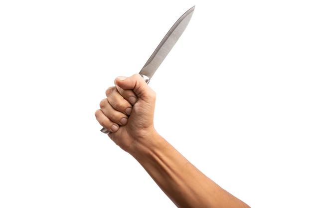 Foto schwarze männliche hand hält ein silbernes messer auf einem isolierten weißen hintergrund