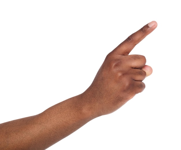 Schwarze männliche Hand zeigen Finger. Handgesten - Mann zeigt mit Zeigefinger auf virtuelles Objekt, isoliert auf weißem Hintergrund