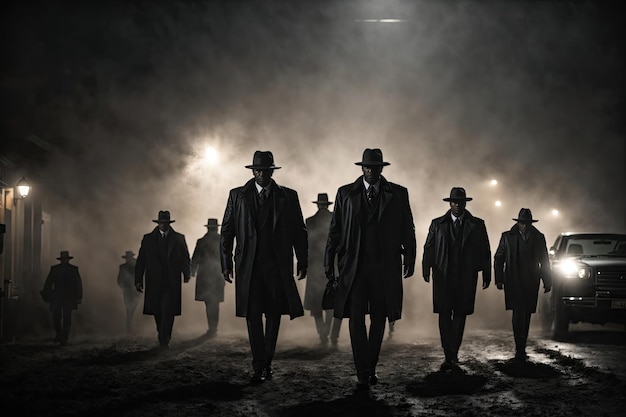 Schwarze Mafia-Figuren entstehen als Silhouetten aus dem Nacht-KI-Generativ