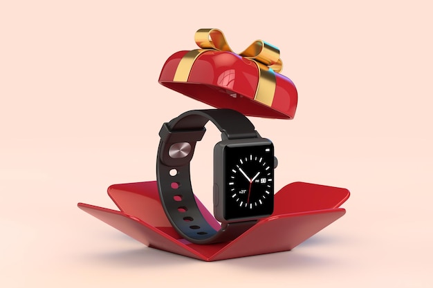 Schwarze moderne Smartwatch mit Armband in geöffneter roter Geschenkbox mit goldenem Band 3D-Rendering