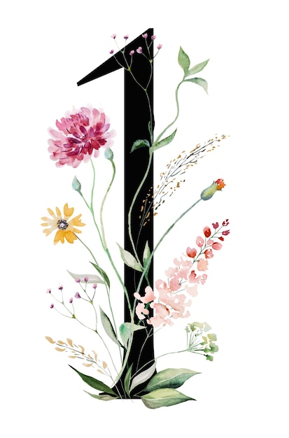 Schwarze Nummer 1 mit Aquarell-Wildblumen und Blättern Bouquet Sommerblumenhochzeitsdesign
