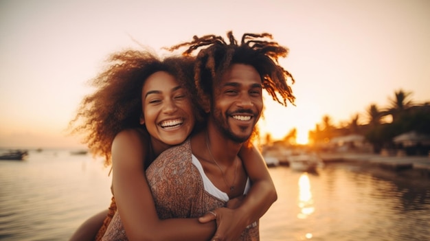 Schwarze Paare reisen und Strandspaß beim Lachen über Naturabenteuer bei Sonnenuntergang und Sommerferien oder Flitterwochen mit einer Huckepackfahrt Komische Energie und schwarze Mann- und Frauenliebe im Urlaub am Meer