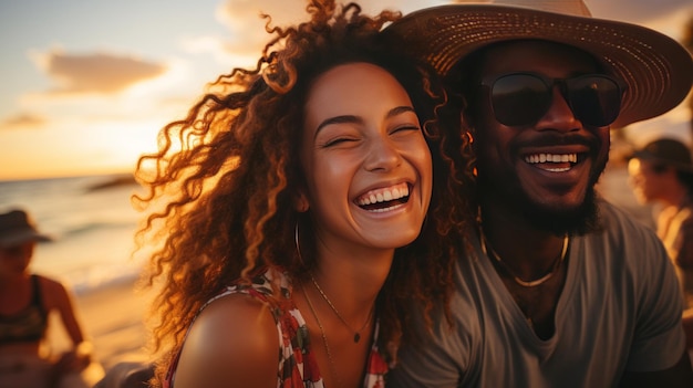 Schwarze Paare reisen und vergnügen sich am Strand, während sie über Naturabenteuer bei Sonnenuntergang und Sommerferien oder Flitterwochen lachen