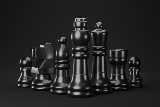 Schwarze Schachfiguren auf schwarzem Hintergrund 3D-Rendering