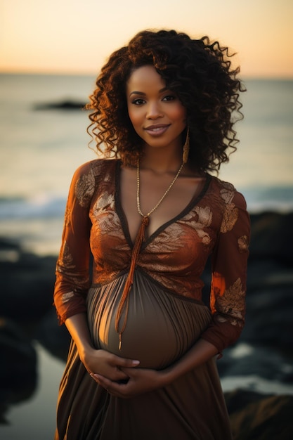 Schwarze schwangere Frau auf einem entspannenden Urlaubskonzept bei Sonnenuntergang am Meer