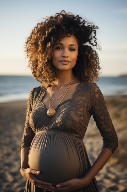 Schwarze schwangere Frau auf einem entspannenden Urlaubskonzept bei Sonnenuntergang am Meer