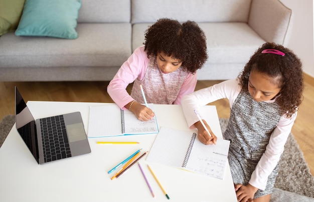 Foto schwarze schwestern lernen am laptop, machen hausaufgaben und machen sich drinnen notizen