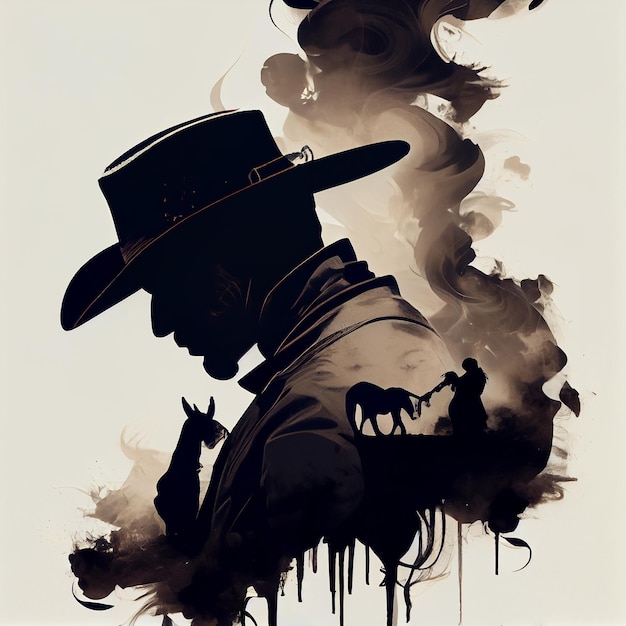 Schwarze Silhouette eines Cowboys auf rauchigem Hintergrund Generative KI