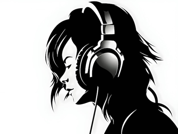 Schwarze Silhouette eines Mädchens mit Kopfhörern auf weißem Hintergrund