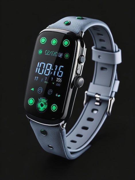 Schwarze Smartwatch mit analoger Uhr auf dem Bildschirm auf schwarzem Hintergrund 3D-Illustration