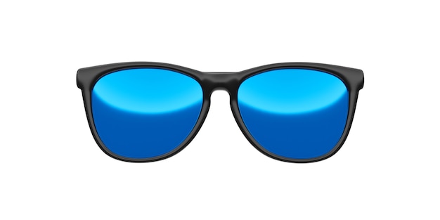 Schwarze Sonnenbrille und blaue Linsenoptik lokalisiert auf Weiß