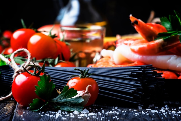 Schwarze Spaghetti-Kirschtomaten-Weißwein-Garnelen-Tintenfisch-Stillleben in zurückhaltendem selektivem Fokus