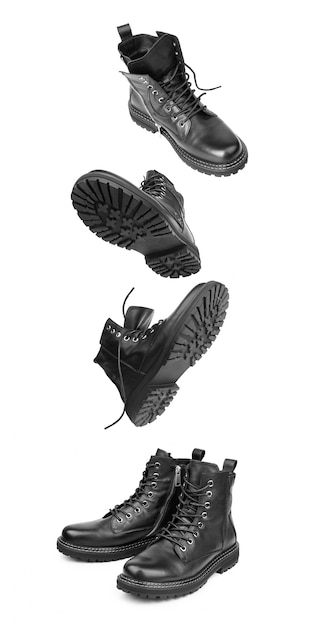 Schwarze Stiefel fliegen durch die Luft Mode für Herren oder Damenschuhe Stillleben-Set