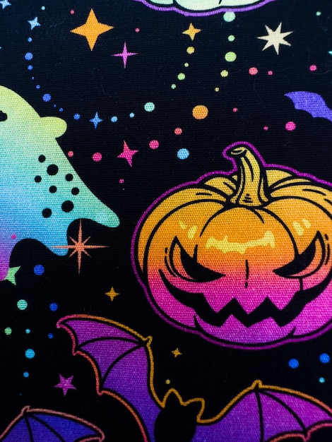 Schwarze Stoffstruktur mit Halloween-Designs wie Kürbisse Mondfledermäuse Makro