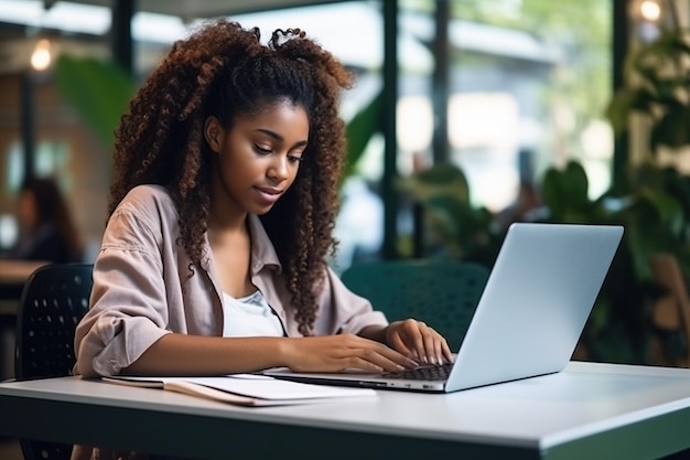 Schwarze Studentin benutzt Laptop in der Universitätsbibliothek, sitzt am Schreibtisch und lernt online