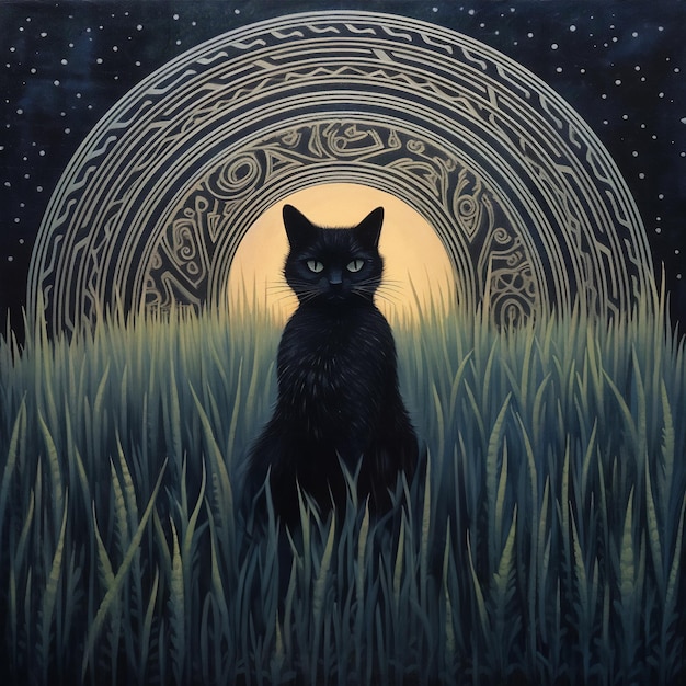 Schwarze süße Katzenkunstillustration auf dem Gebiet