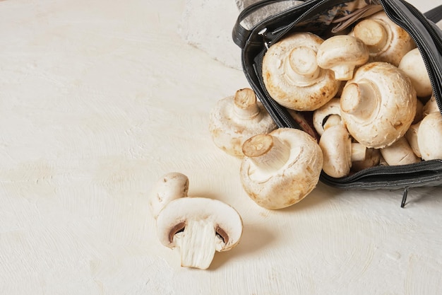 Schwarze Tasche mit Champignons auf beigem Hintergrund, veganes Lederkonzept, Alternative zu Tierhaut, Leder aus Pilzmyzel