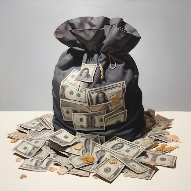 Schwarze Tasche voller Geld auf grauem Hintergrund Das Konzept von Reichtum und Wohlstand