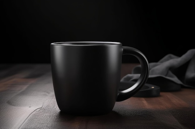 Schwarze Tasse auf einem Tisch Mockup