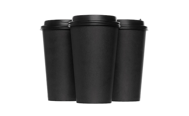 Schwarze Tasse Kaffee zum Mitnehmen isoliert auf weißem Hintergrund Schwarze Pappbecher isoliert