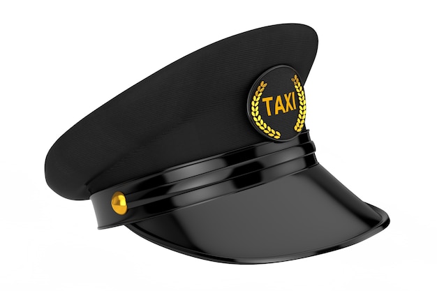 Schwarze Taxifahrermütze mit Goldan-Kokarde und Taxi-Schild auf weißem Hintergrund. 3D-Rendering