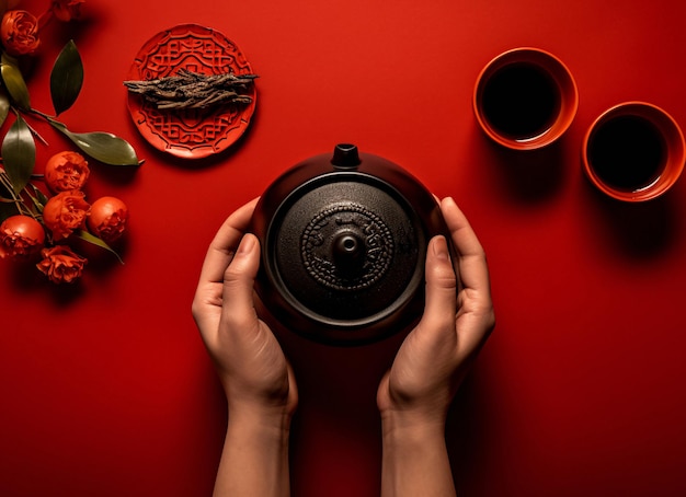 Foto schwarze teekanne im chinesischen stil in händen auf einem rot gemusterten hintergrund, ai generiert