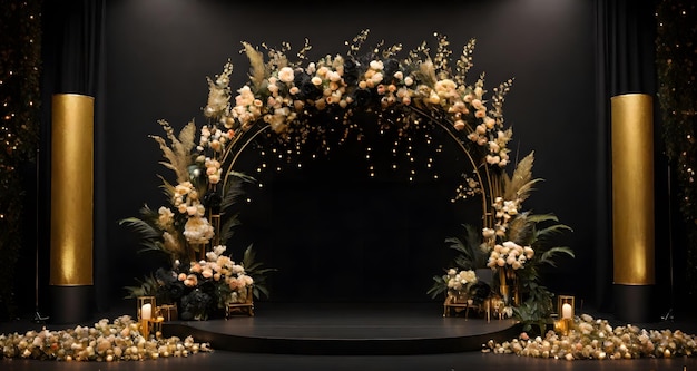 Schwarze und goldene leere Bühne mit Blumen, Dekoration, funkelnden Lichtern