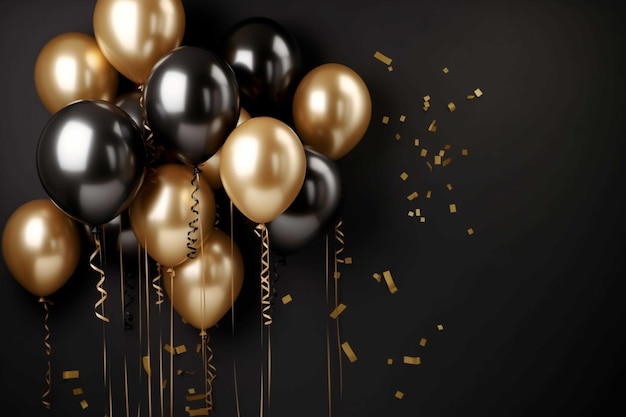 Schwarze und goldene Luftballons mit Bändern auf schwarzem Hintergrund 3D-Rendering
