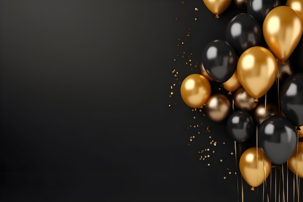 Schwarze und goldene Luftballons zur Geburtstagsfeier. Luftballons Hintergrund mit Platz für Text