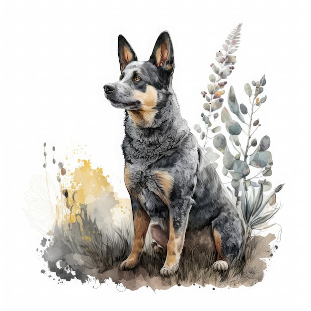 Schwarze und graue Aquarellmalerei des Heiligen Miguel Cattle Dog