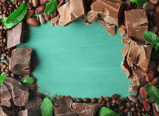 Schwarze und Milchschokoladenstücke und Kaffeebohnen auf farbigem Holzhintergrund