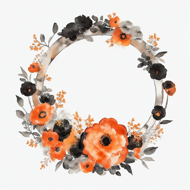 Schwarze und orangefarbene Aquarelle Runde Form Blumenrahmen weißer Hintergrund KI generiert