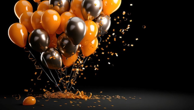 Schwarze und orangefarbene Ballons auf schwarzem Hintergrund Ai Generative