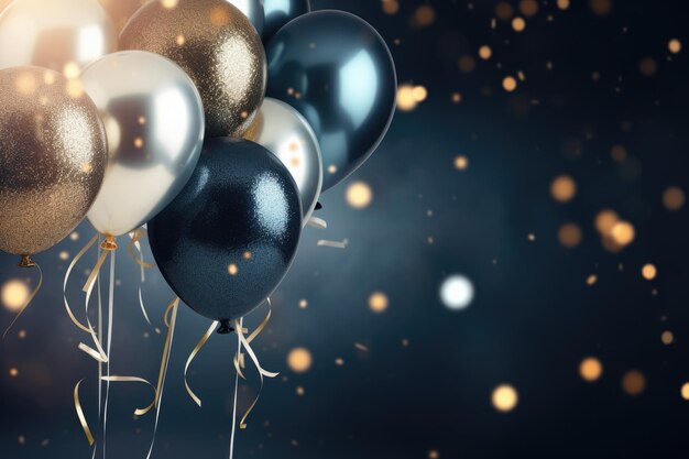 Schwarze und silberne Ballons mit goldenem Konfetti auf Bokeh-Hintergrund 3D-realistische Luftballons neben funkelnden Glitter-Konfetti-Elementen KI generiert