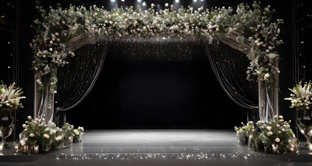 Schwarze und silberne leere Bühne mit Blumen Kartondekoration funkelnde Lichter