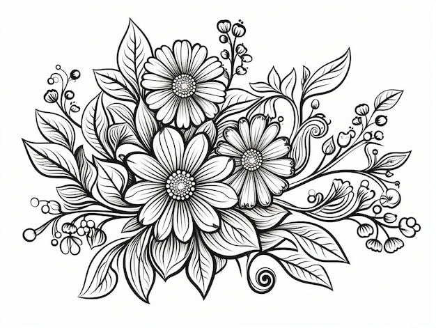 Foto schwarze und weiße blätter, blumen im doodle-stil