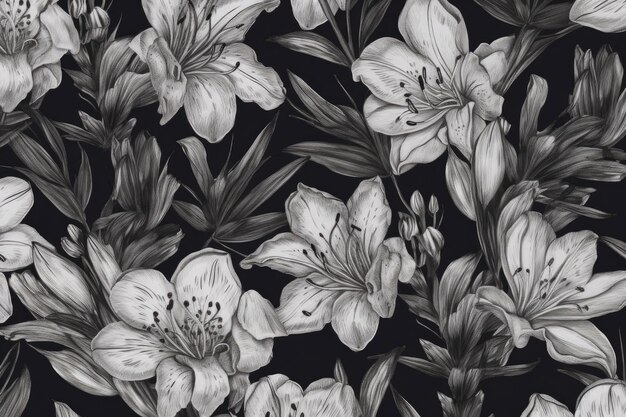 Schwarze und weiße Blumen auf dunklem Hintergrund. Generative KI