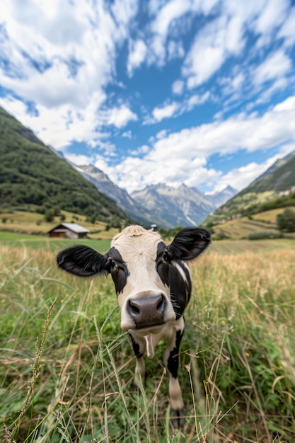 Schwarze und weiße Kuh auf einem sonnigen Feld im Frühling oder Sommer Rinder weiden auf Ackerland