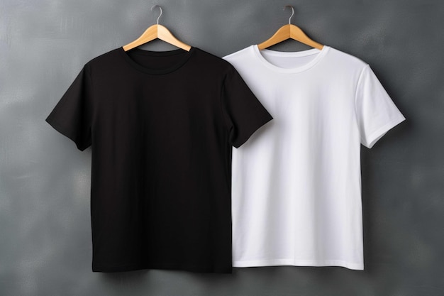 Schwarze und weiße Männer-T-Shirts auf Hängern auf grauem Hintergrund