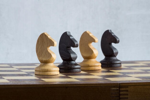 Schwarze und weiße Pferde auf dem Schachbrett