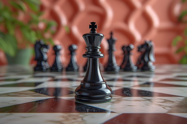 Schwarze und weiße Schachfiguren auf der Vorderseite