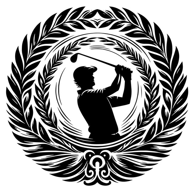 Foto schwarze und weiße silhouette eines lorbeerkranzes mit einem golf-championsymbol